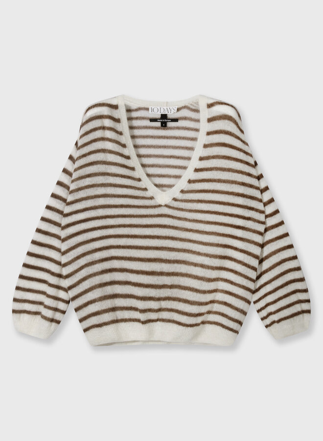 10days thin v-neck knit sweater ecru/dark truffle