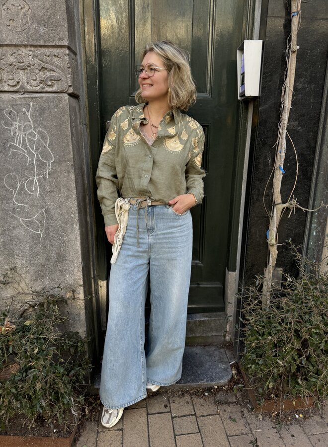 Greek archaic kori blouse jasje sage gold