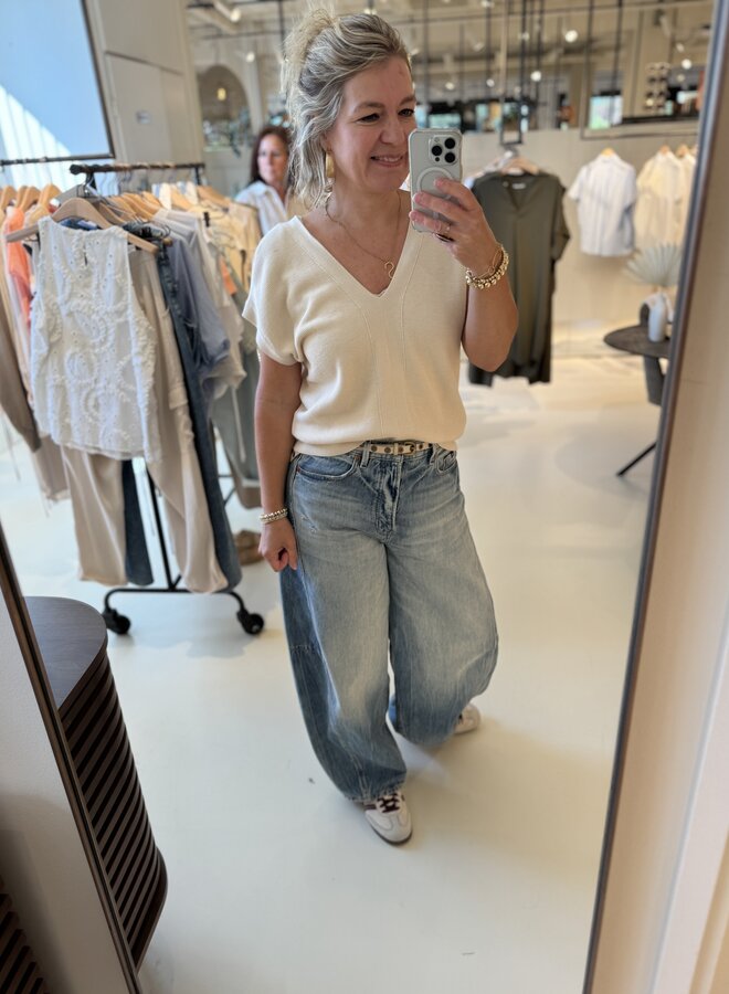 Yaya mesh stitch double v-neck sweater beige