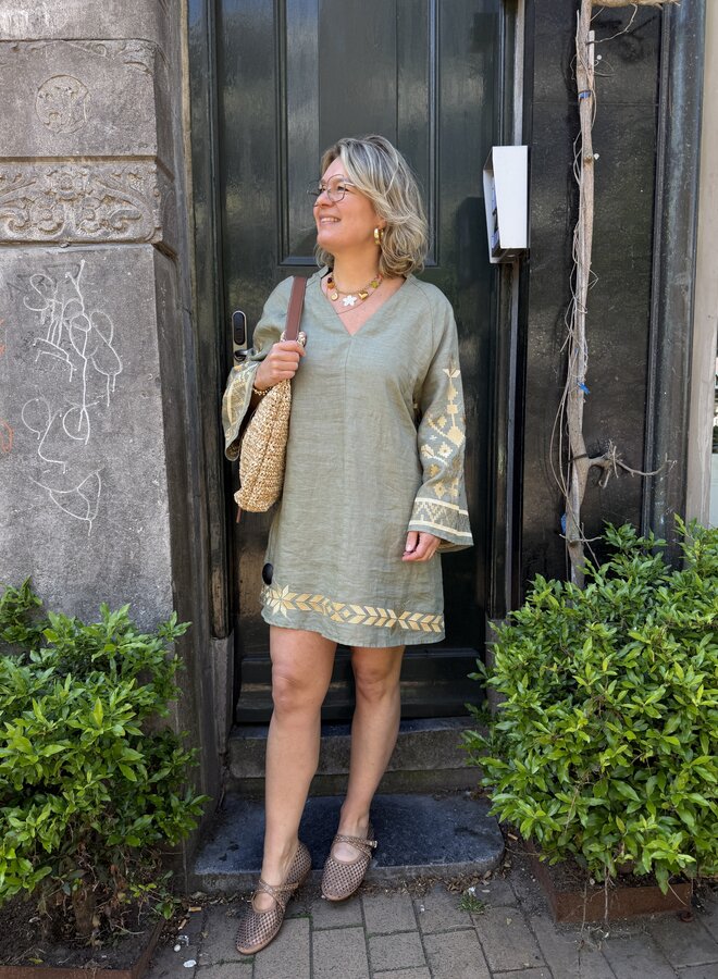 Greek archaic kori dress sage green