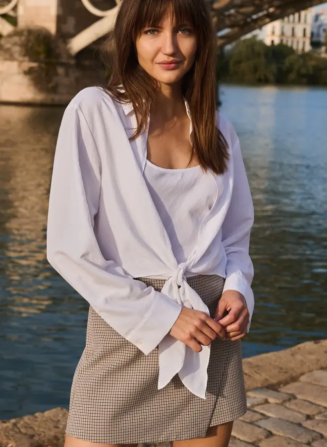 Yaya geruite rok met faux overslag beige