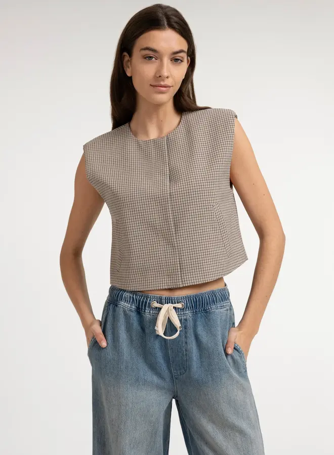 Yaya geruit geweven gilet beige