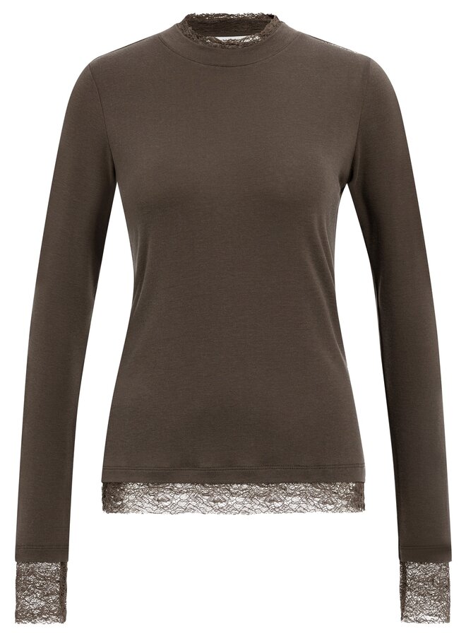 Yaya top with long sleeves lace brown