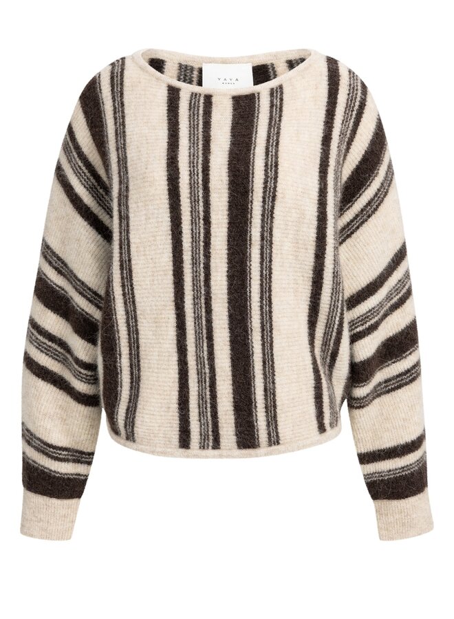 Yaya trui met boothals en strepen light beige dessin