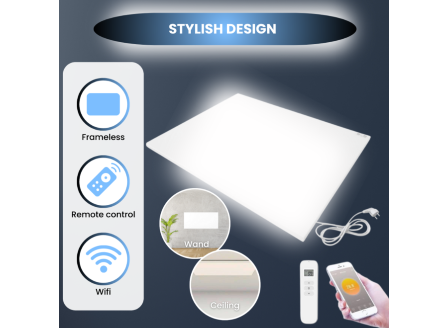 QH-FR Serie infraroodpaneel 75 x 119 cm - 900Watt compleet met wifi en thermostaat