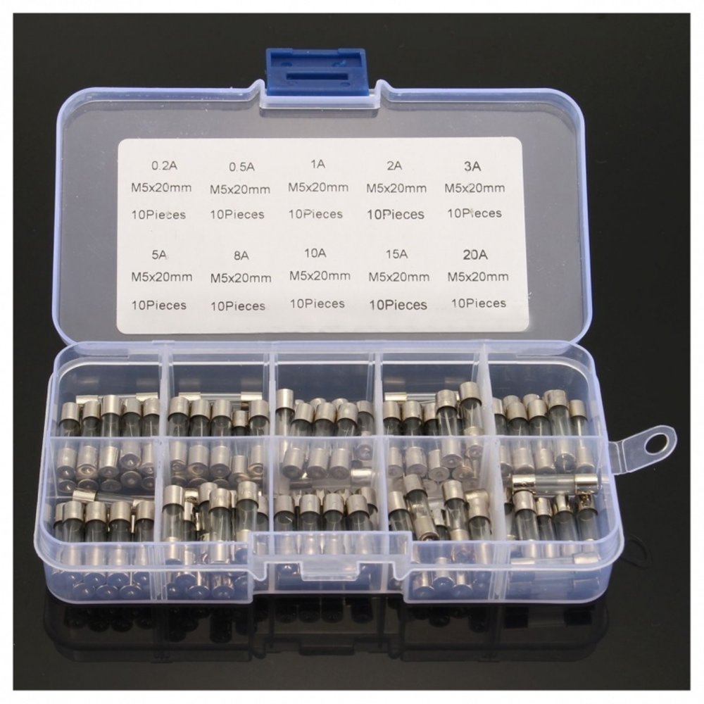 Assortiment glaszekeringen 5x20 in kunststof box (set) Assortiment glaszekeringen 5x20 in kunststof box (set)