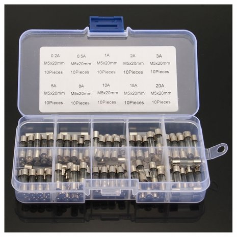 Assortiment glaszekeringen 5x20 in kunststof box (set) Assortiment glaszekeringen 5x20 in kunststof box (set)