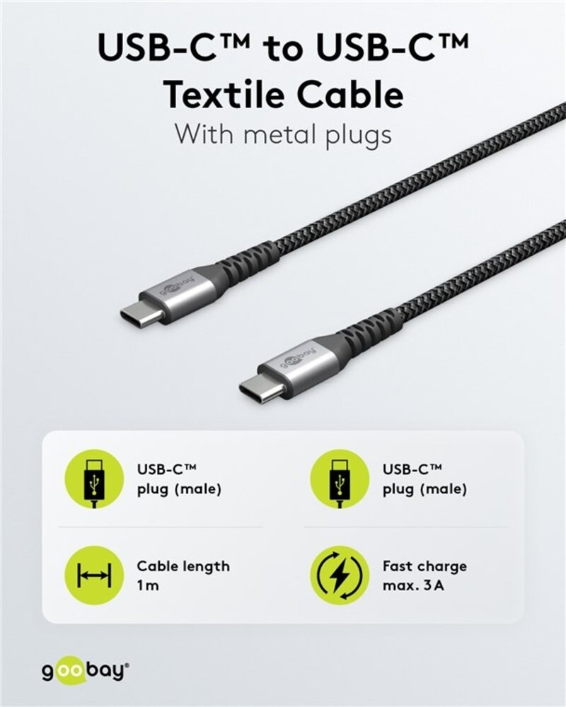 USB-C™ naar USB-C™ textielkabel met metalen pluggen (spacegrijs/zilver), 1 m USB-C™ naar USB-C™ textielkabel met metalen pluggen (spacegrijs/zilver), 1 m