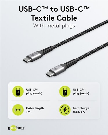 USB-C™ naar USB-C™ textielkabel met metalen pluggen (spacegrijs/zilver), 1 m USB-C™ naar USB-C™ textielkabel met metalen pluggen (spacegrijs/zilver), 1 m