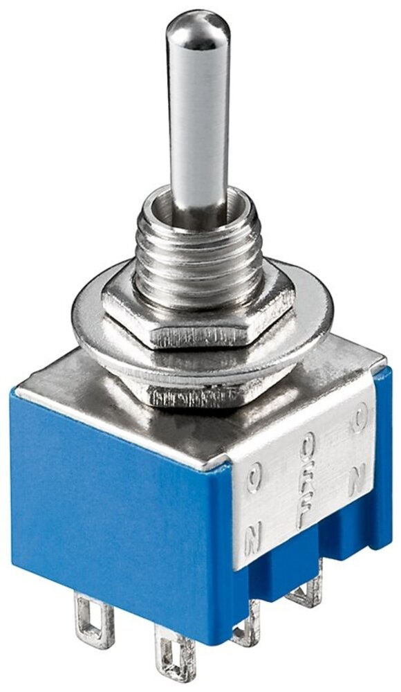 Tuimelschakelaar Miniatuur, AAN - UIT - AAN, 6 pinnen, blauwe behuizing Tuimelschakelaar Miniatuur, AAN - UIT - AAN, 6 pinnen, blauwe behuizing