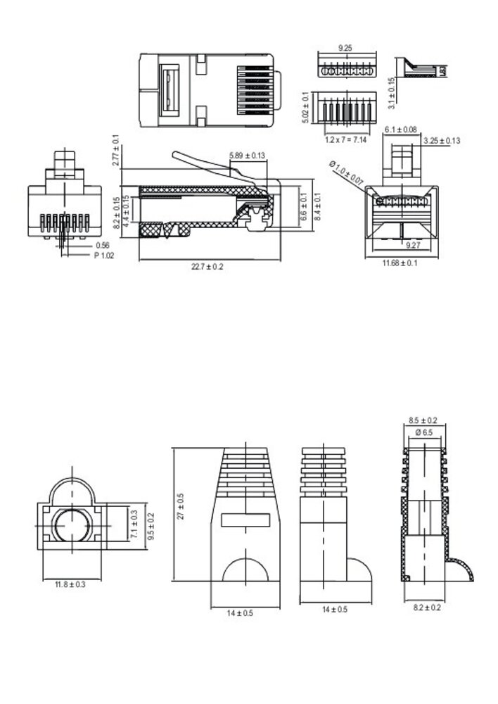 RJ45-stekker, CAT 5e STP afgeschermd met rubbeer  voor knikverlichting