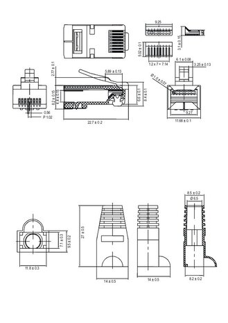 RJ45-stekker, CAT 5e STP afgeschermd met rubbeer  voor knikverlichting
