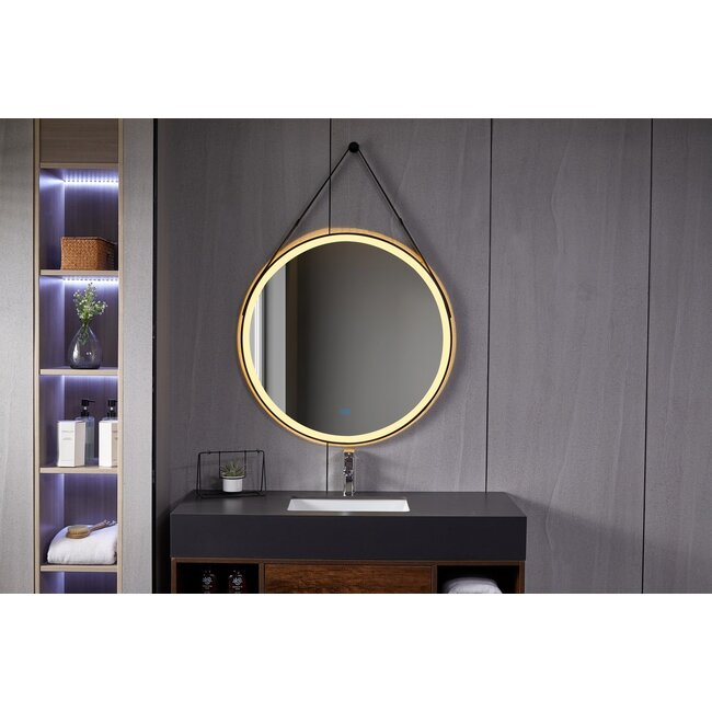 Spiegel rund 80 cm mit modischer Gürtel, schwarzem Rahmen, LED-Beleuchtung und Anti-Beschlag