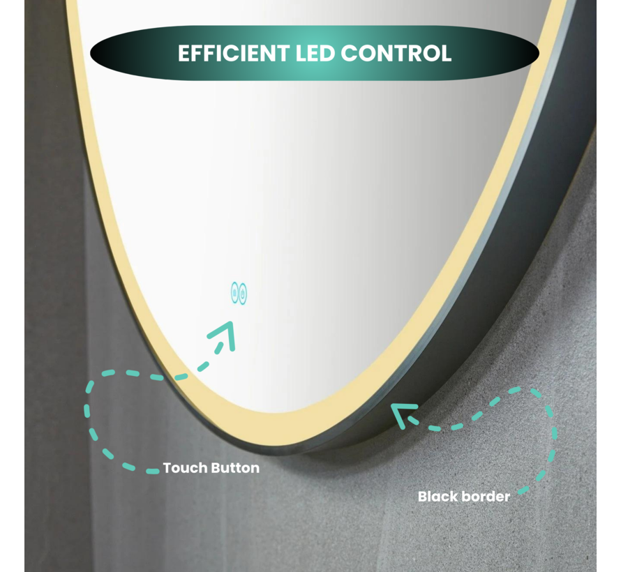 Spiegel rund 60 cm mit schwarzem Rahmen, LED-Beleuchtung und Anti-Beschlag