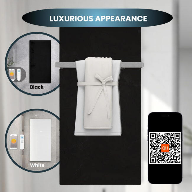 Design Glas Infrarotheizung 700Watt mit eingebautem Wifi-Thermostat und Handtuchhalter