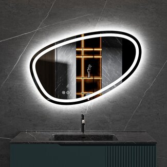 Quality Heating Asymmetrischer Einbauspiegel mit LED-Beleuchtung und Anti-Beschlag, 90 cm breit und 60 cm hoch