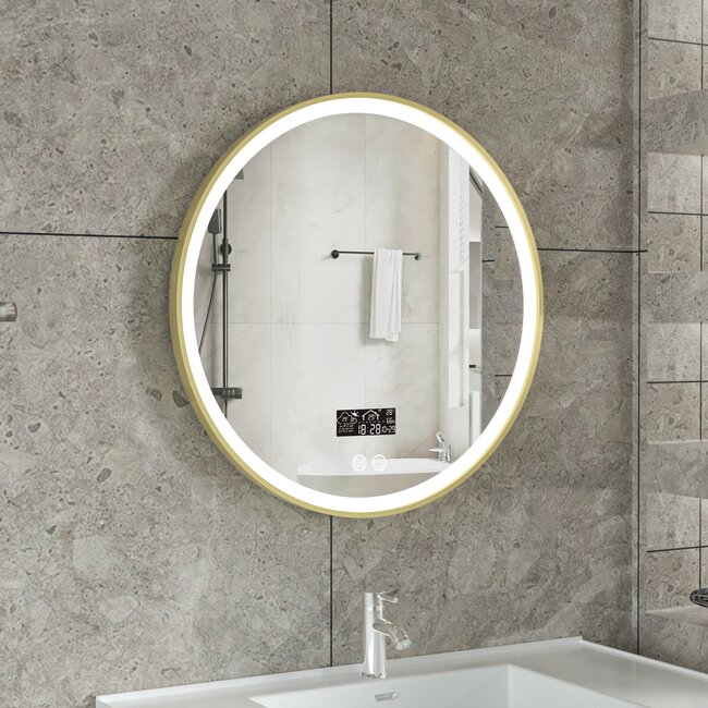 Smart-Spiegel rund 60 cm, goldener Rahmen mit LED-Beleuchtung, Antibeschlag und WLAN