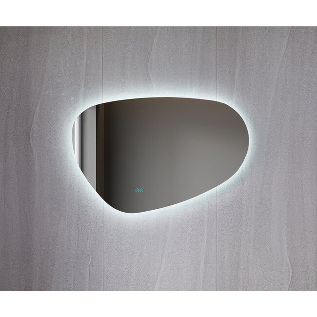 Asymmetrischer Spiegel mit organischer Form, LED-Beleuchtung und Anti-Beschlag-Heizung, 100 cm breit und 65 cm hoch