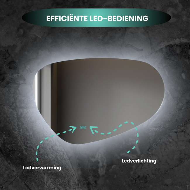 Asymmetrischer Spiegel mit organischer Form, LED-Beleuchtung und Anti-Beschlag-Heizung, 100 cm breit und 65 cm hoch