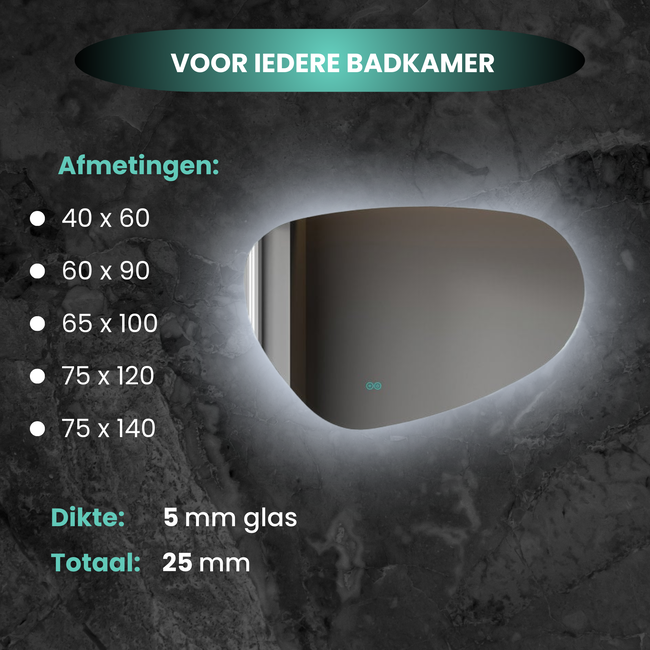 Asymmetrischer Spiegel mit organischer Form, LED-Beleuchtung und Anti-Beschlag-Heizung, 100 cm breit und 65 cm hoch