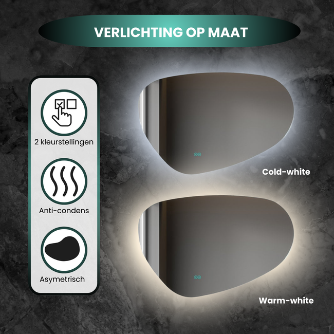 Asymmetrischer Spiegel mit organischer Form, LED-Beleuchtung und Anti-Beschlag-Heizung, 100 cm breit und 65 cm hoch