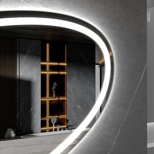 Asymmetrischer Einbauspiegel mit LED-Beleuchtung und Anti-Beschlag, 100 cm breit und 65 cm hoch