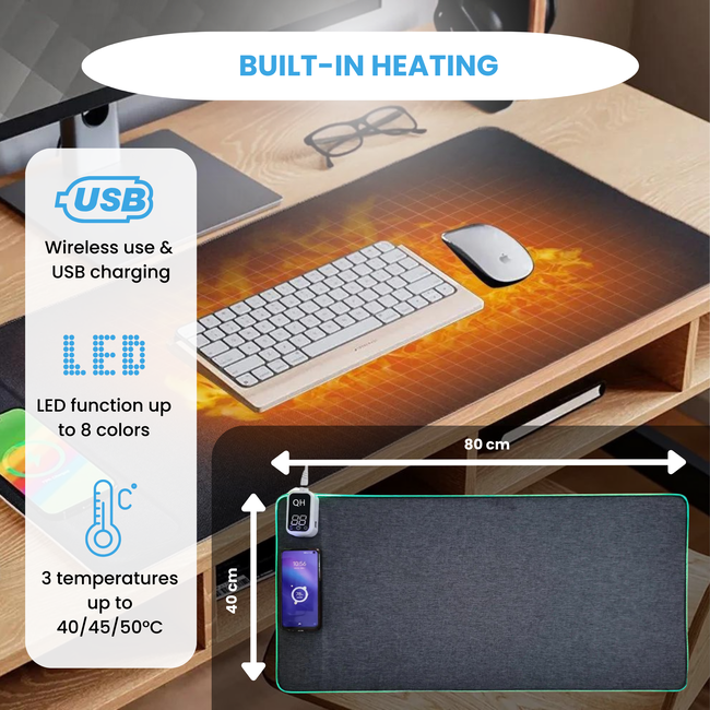 Verwarmde bureau onderlegger met draadloos oplaad functie en led