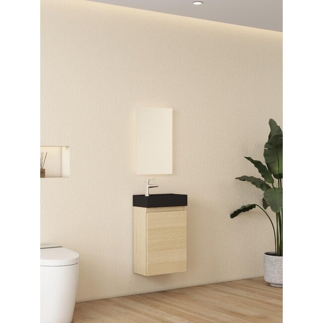 Nurion Waschtischunterschrank Nora – mattes schwarzes Waschbecken und heller Holzschrank – 41 x 22,5 x 65 cm