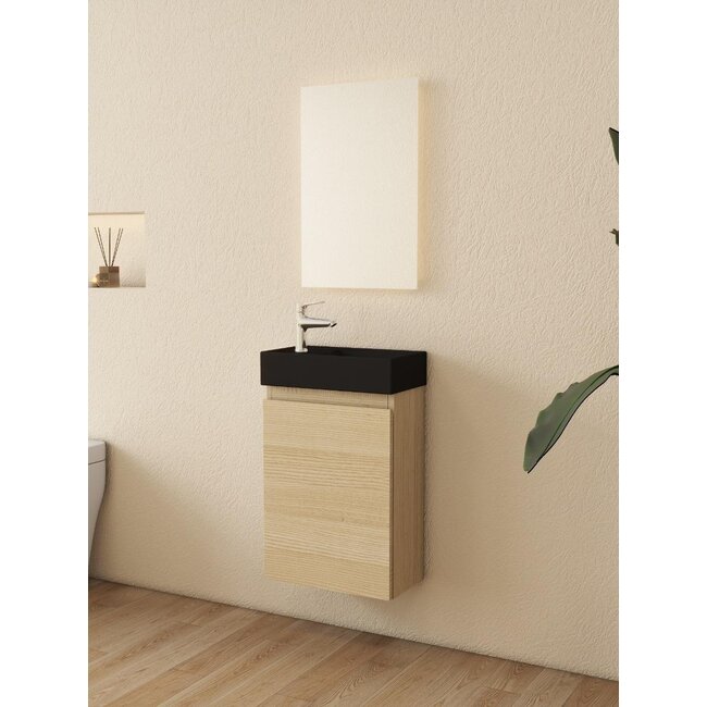 Nurion Toilettenmöbel Nora - matt schwarzes Waschbecken und Schrank in hellem Holz - 41 x 22,5 x 65 cm