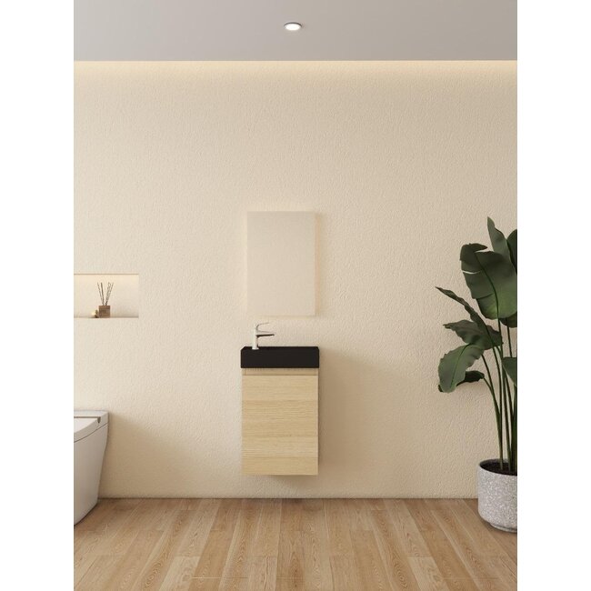 Nurion Toilettenmöbel Nora - matt schwarzes Waschbecken und Schrank in hellem Holz - 41 x 22,5 x 65 cm