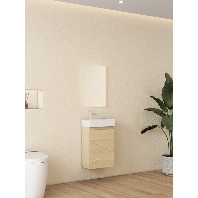 Nurion Waschtischunterschrank Mees – glänzend weißes Waschbecken und heller Holzschrank – 41 x 22,5 x 65 cm