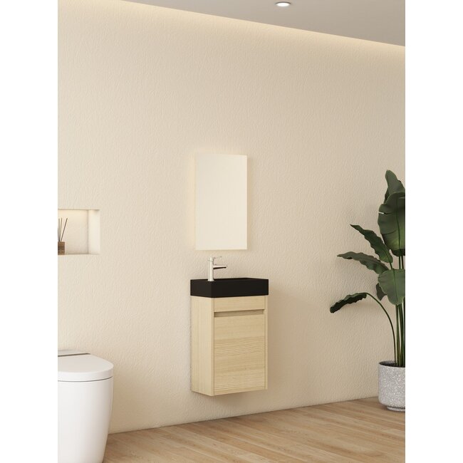 Nurion Waschtischunterschrank Sam – mattschwarzes Waschbecken und heller Holzschrank – 41 x 22,5 x 65 cm