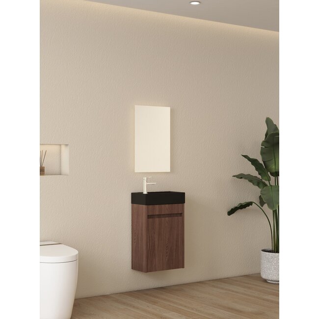 Nurion Toilettenmöbel Emma - matt schwarzes Waschbecken und Walnuss-Schrank - 41 x 22,5 x 65 cm