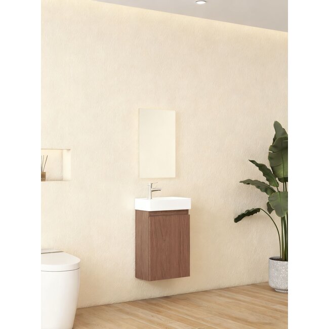 Nurion Waschtischunterschrank Finn – glänzend weißes Waschbecken und dunkler Holzschrank – 41 x 22,5 x 65 cm