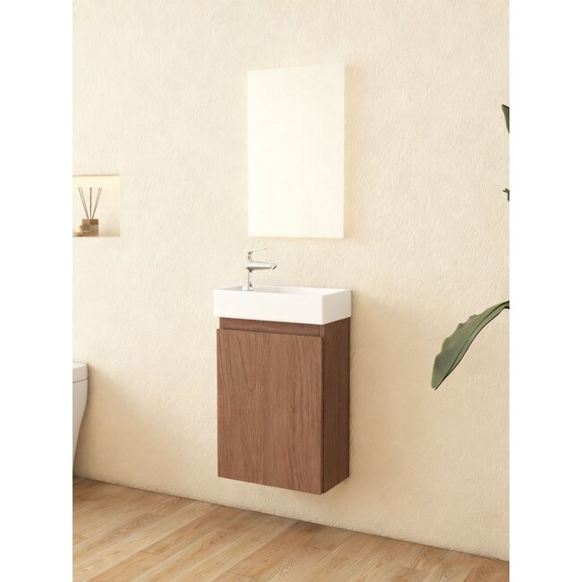 Nurion Waschtischunterschrank Finn – glänzend weißes Waschbecken und dunkler Holzschrank – 41 x 22,5 x 65 cm