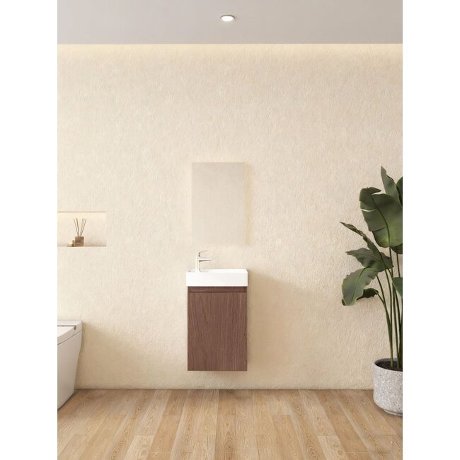 Nurion Toilettenmöbel Finn - glänzend weiße Keramikschale und dunkler Holzschrank - 41 x 22,5 x 65 cm