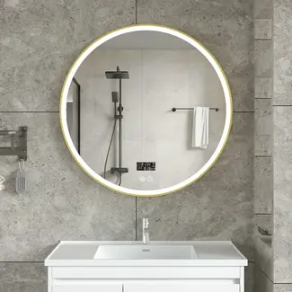Quality Heating Smart-Spiegel rund 80 cm goldener Rahmen mit LED-Beleuchtung, Anti-Beschlag und WLAN