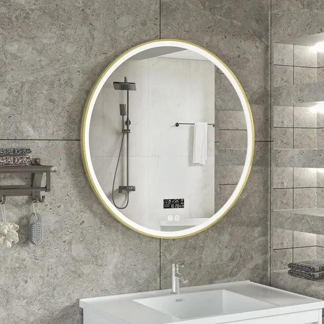 Smart-Spiegel rund 80 cm goldener Rahmen mit LED-Beleuchtung, Anti-Beschlag und WLAN