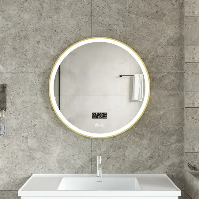 Smart-Spiegel rund 80 cm goldener Rahmen mit LED-Beleuchtung, Anti-Beschlag und WLAN