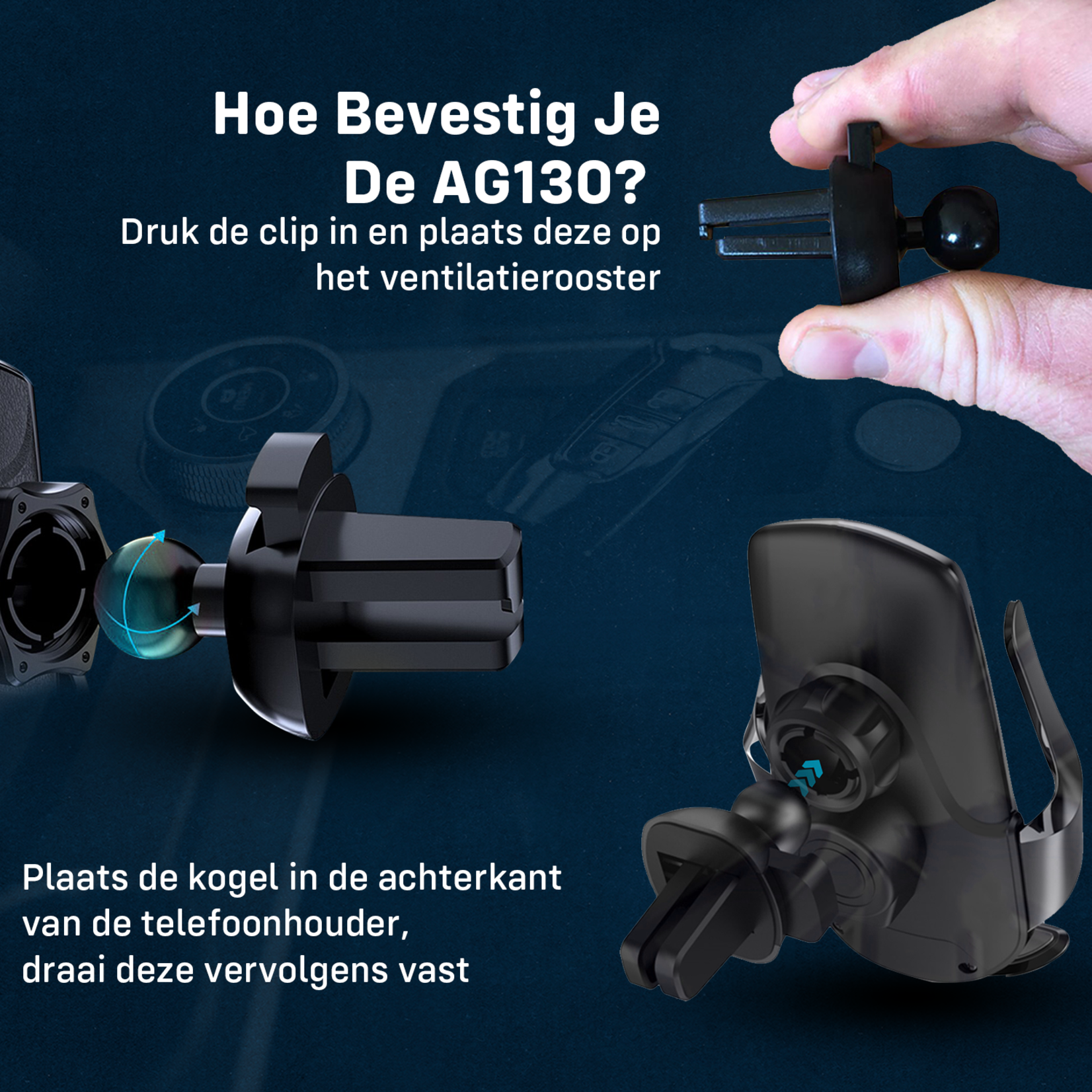 AG AG 130- telefoonhouder zwart-  ventilatie - dashboard - draadloos lader -  oplader