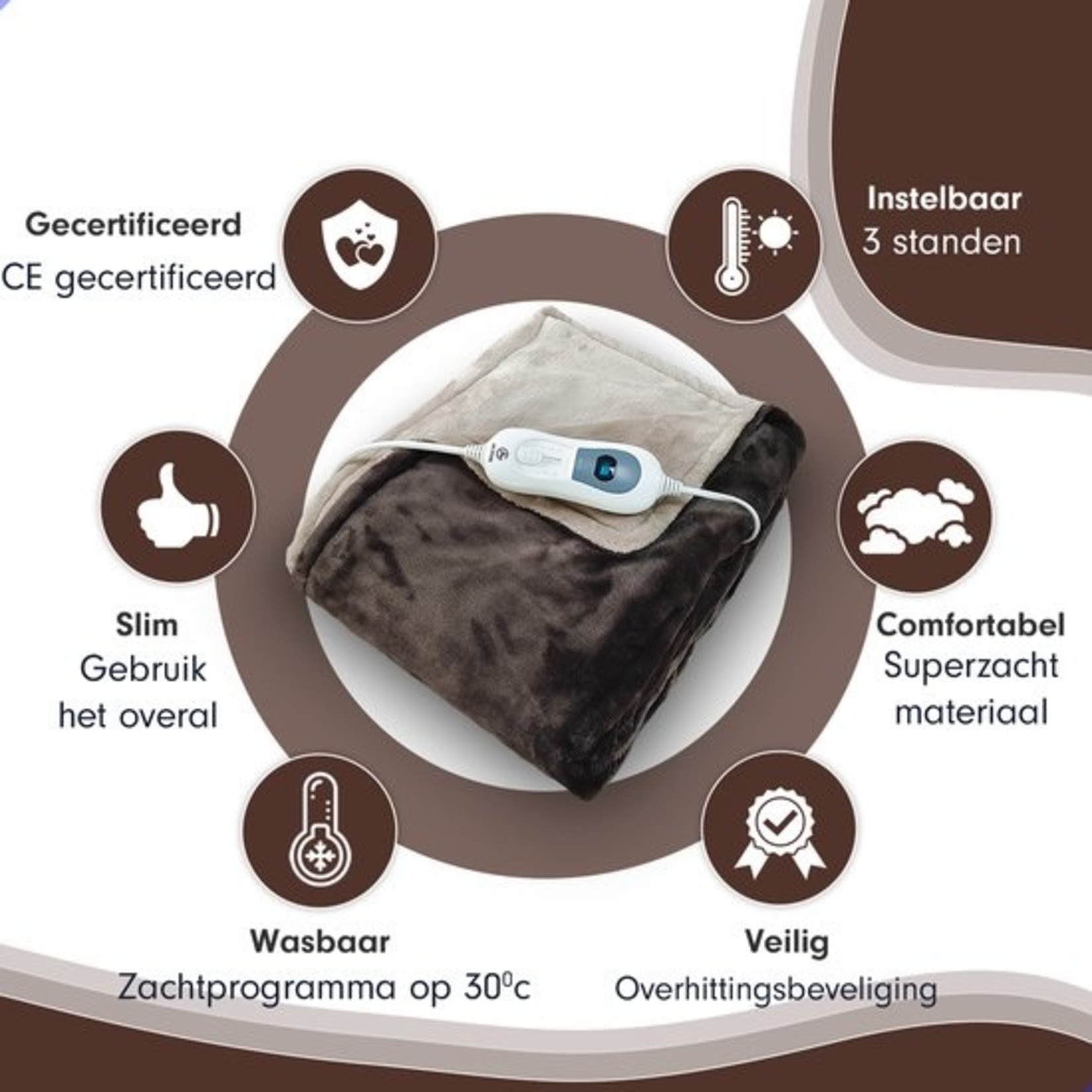 AG Store AG170 Elektrische warmtedeken 160x120cm - wasbaar -Met Timer en Overhittingsbeveliging - 3 temperatuurstanden -Bedrade Afstandsbediening - Energiezuinig -Bruin- 1-Persoons