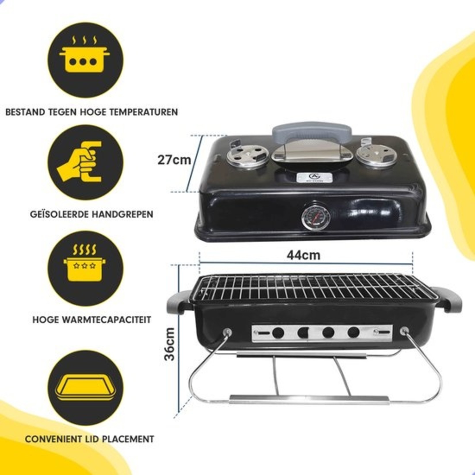 AG AG To-Go barbecue Ø44 cm - Houtskoolbarbecues - incl. Thermometer - temperatuur roestvrij - Compact -Vierkante Barbecue - Incl. deksel- traditionele bbq - 6 personen -Anywhere Ventilatierooster voor zuurstofregulering - Zwart