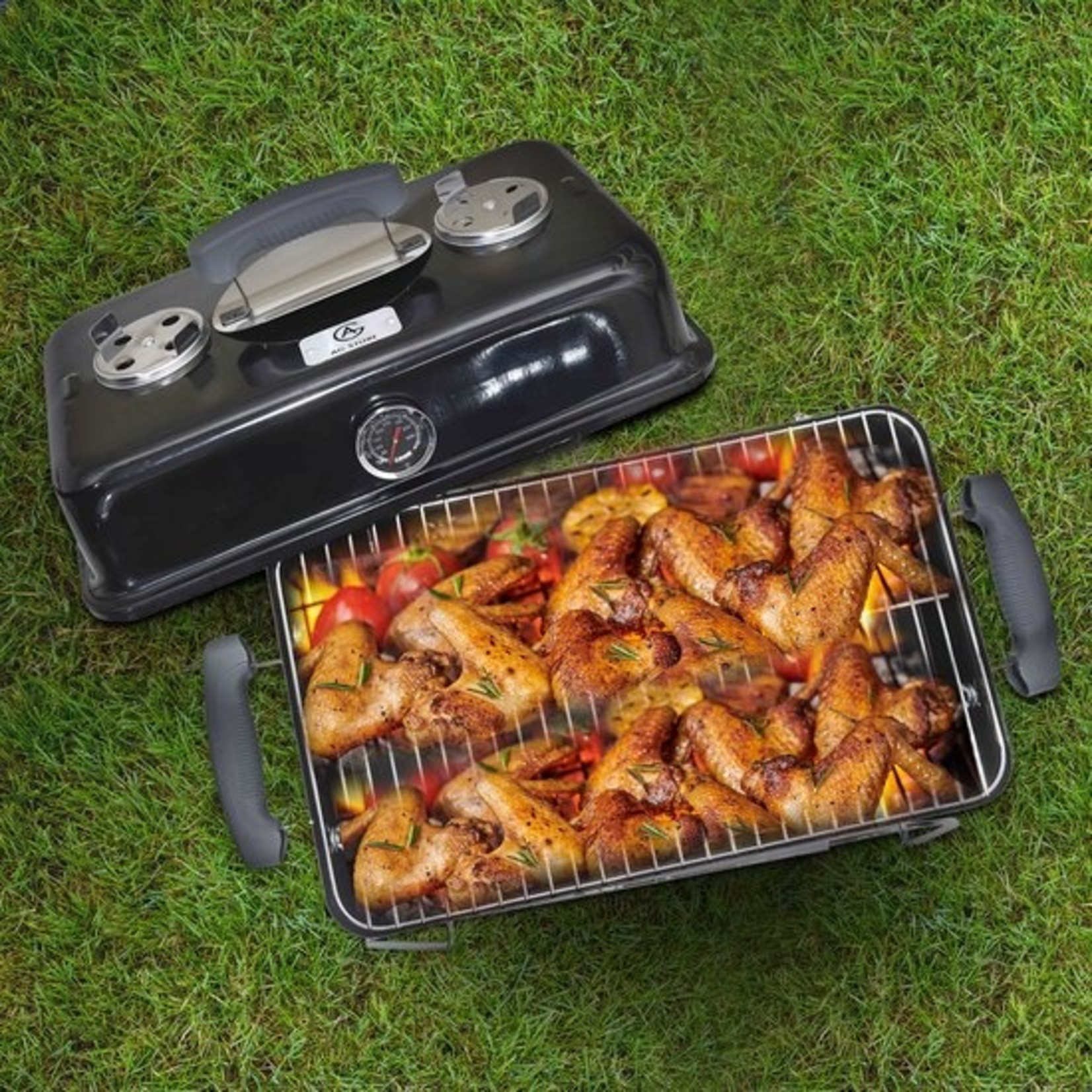 AG AG To-Go barbecue Ø44 cm - Houtskoolbarbecues - incl. Thermometer - temperatuur roestvrij - Compact -Vierkante Barbecue - Incl. deksel- traditionele bbq - 6 personen -Anywhere Ventilatierooster voor zuurstofregulering - Zwart