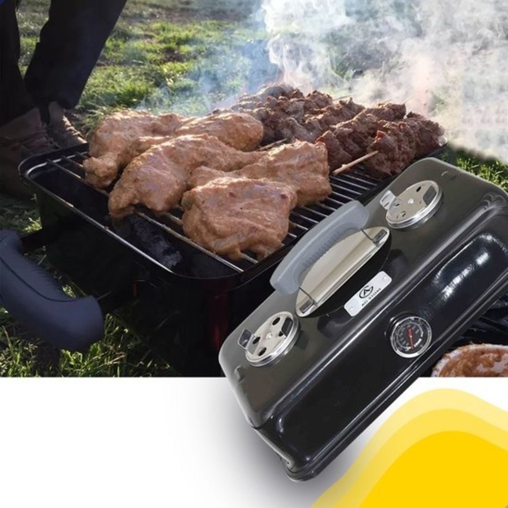 AG AG To-Go barbecue Ø44 cm - Houtskoolbarbecues - incl. Thermometer - temperatuur roestvrij - Compact -Vierkante Barbecue - Incl. deksel- traditionele bbq - 6 personen -Anywhere Ventilatierooster voor zuurstofregulering - Zwart