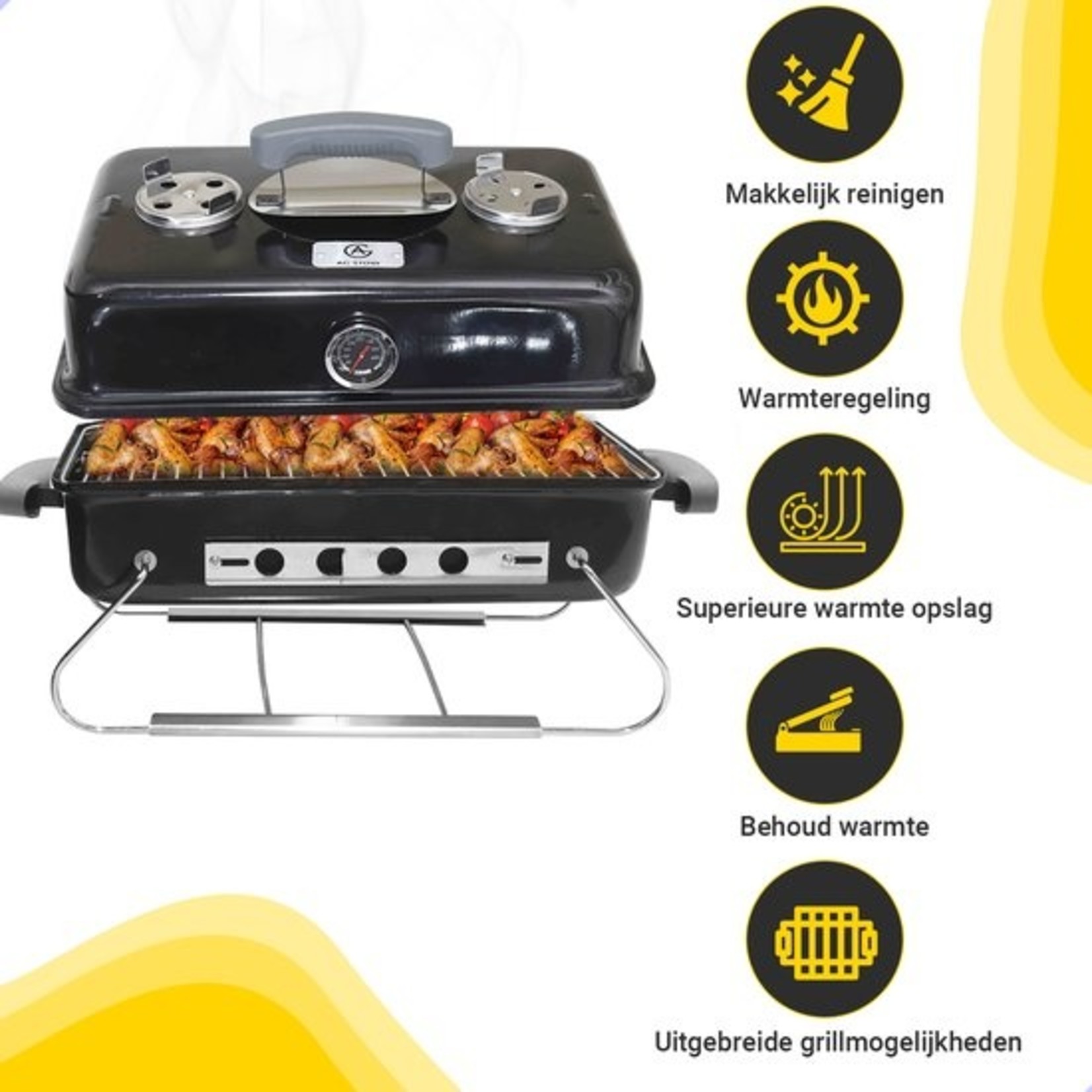 AG AG To-Go barbecue Ø44 cm - Houtskoolbarbecues - incl. Thermometer - temperatuur roestvrij - Compact -Vierkante Barbecue - Incl. deksel- traditionele bbq - 6 personen -Anywhere Ventilatierooster voor zuurstofregulering - Zwart