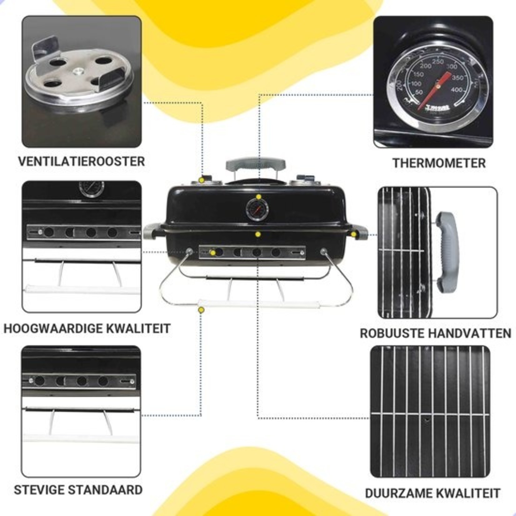 AG AG To-Go barbecue Ø44 cm - Houtskoolbarbecues - incl. Thermometer - temperatuur roestvrij - Compact -Vierkante Barbecue - Incl. deksel- traditionele bbq - 6 personen -Anywhere Ventilatierooster voor zuurstofregulering - Zwart