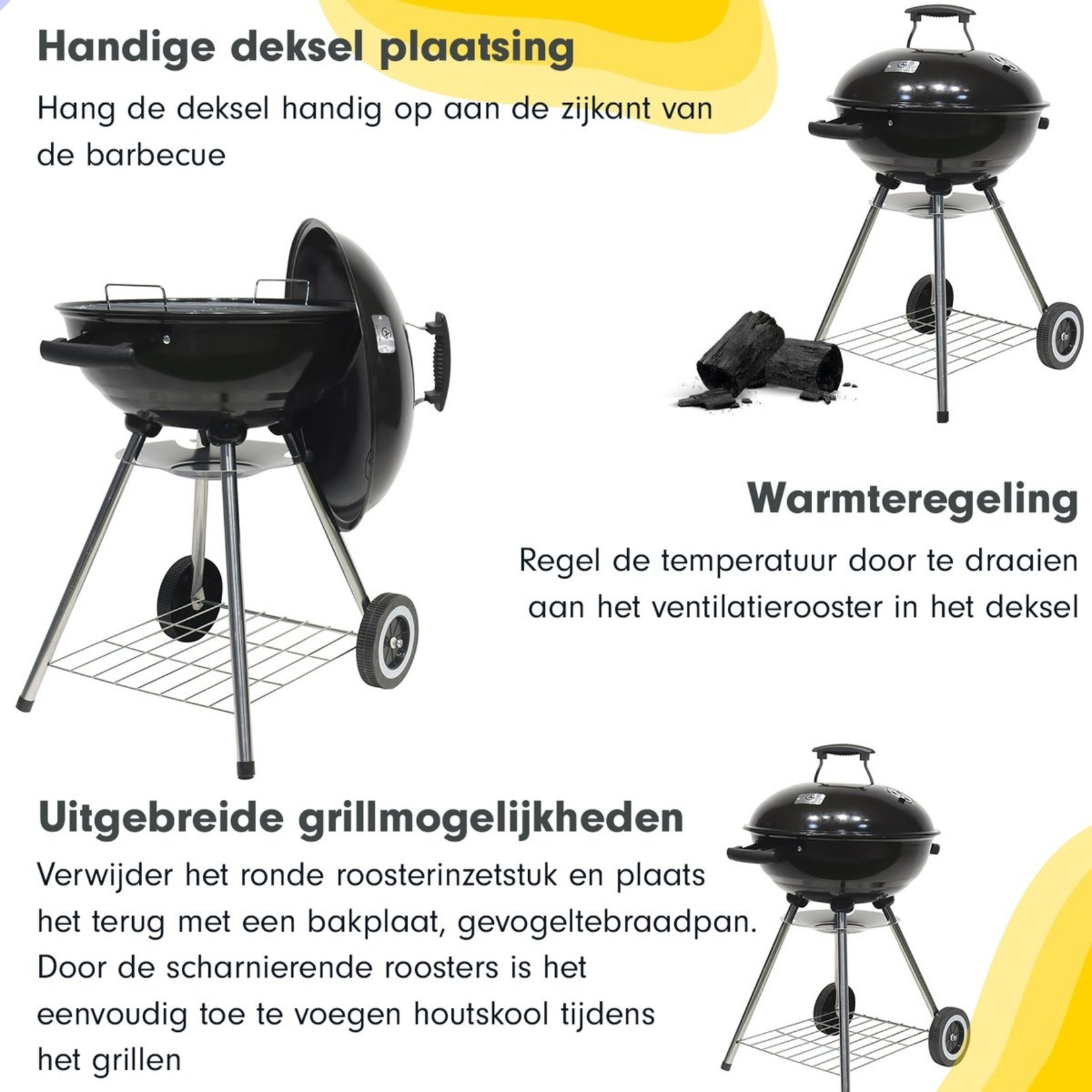 AG Store AG barbecue Ø 46 cm - Houtskoolbarbecues - Kogelbarbecue incl. Thermometer - temperatuur roestvrij - Ronde Barbecue - Incl. deksel en Wielen - traditionele bbq -Ventilatierooster voor zuurstofregulering -Zwart -