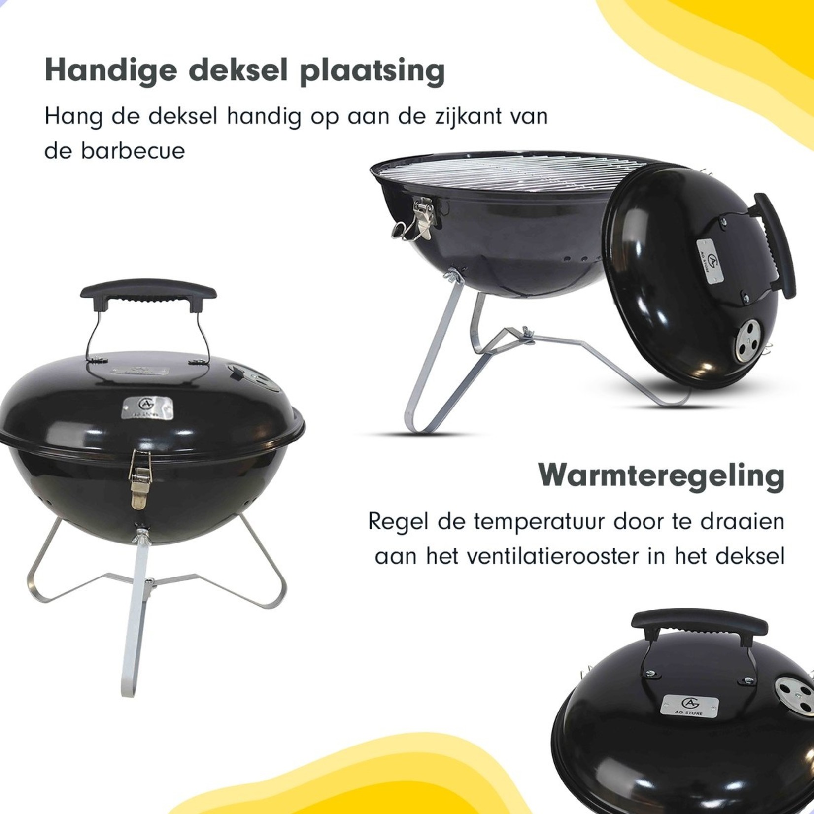 AG Store AG mini barbecue Ø 35cm - Houtskoolbarbecues - Kogelbarbecue - Klein en licht - Compact - roestvrij - 4-6 personen-Ronde Barbecue - Incl. deksel - go anywhere bbq -Ventilatierooster voor zuurstofregulering -Zwart