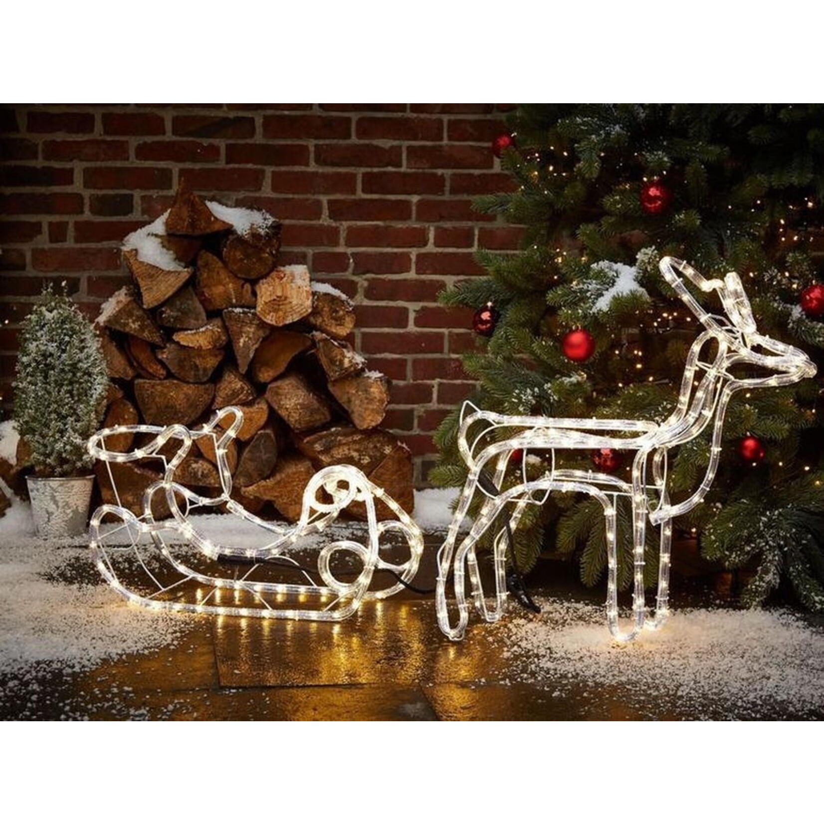 AG Store Kerstverlichting buiten en binnen - Rendier met Slee - 3D figuur - energiezuinig - kerst -spatwaterdicht - met timer - wit warmlicht