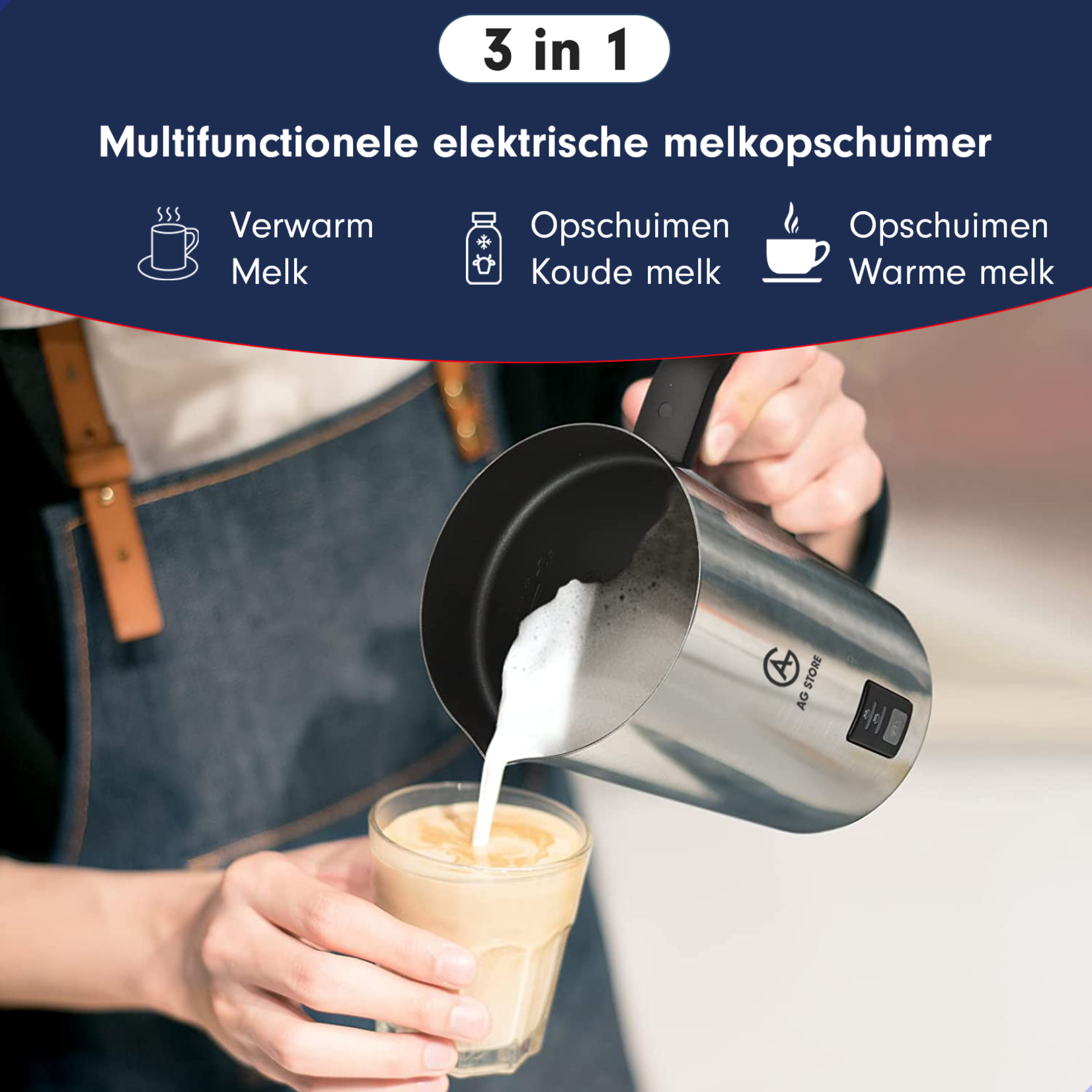 AG AG190 Melkopschuimer - Electrisch - Melkschuimers - Cappuccino – Latte macchiato - Roestvrij staal - Anti aanbaklaag - Temperatuurregeling - 3- in 1 - 250 ml - Makkelijk reinigen